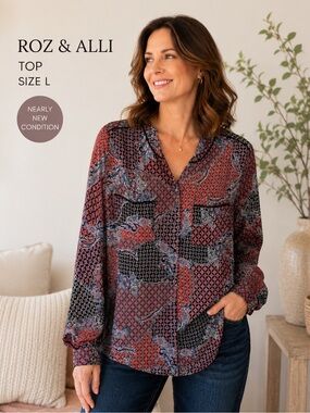 Roz & Alli Paisley Patchwork Blouse Top Size Large Boho Chic